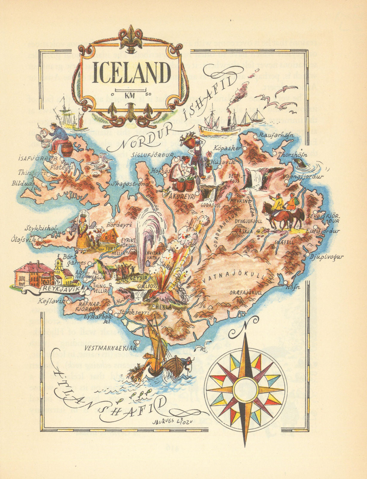 Iceland small pictorial map by Jacques Liozu 1952 old vintage plan chart